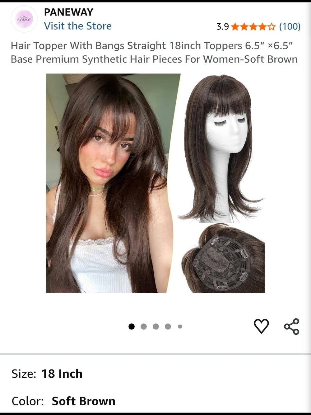 Soft Brown Hair Topper with Bangs - 18" Premium Synthetic